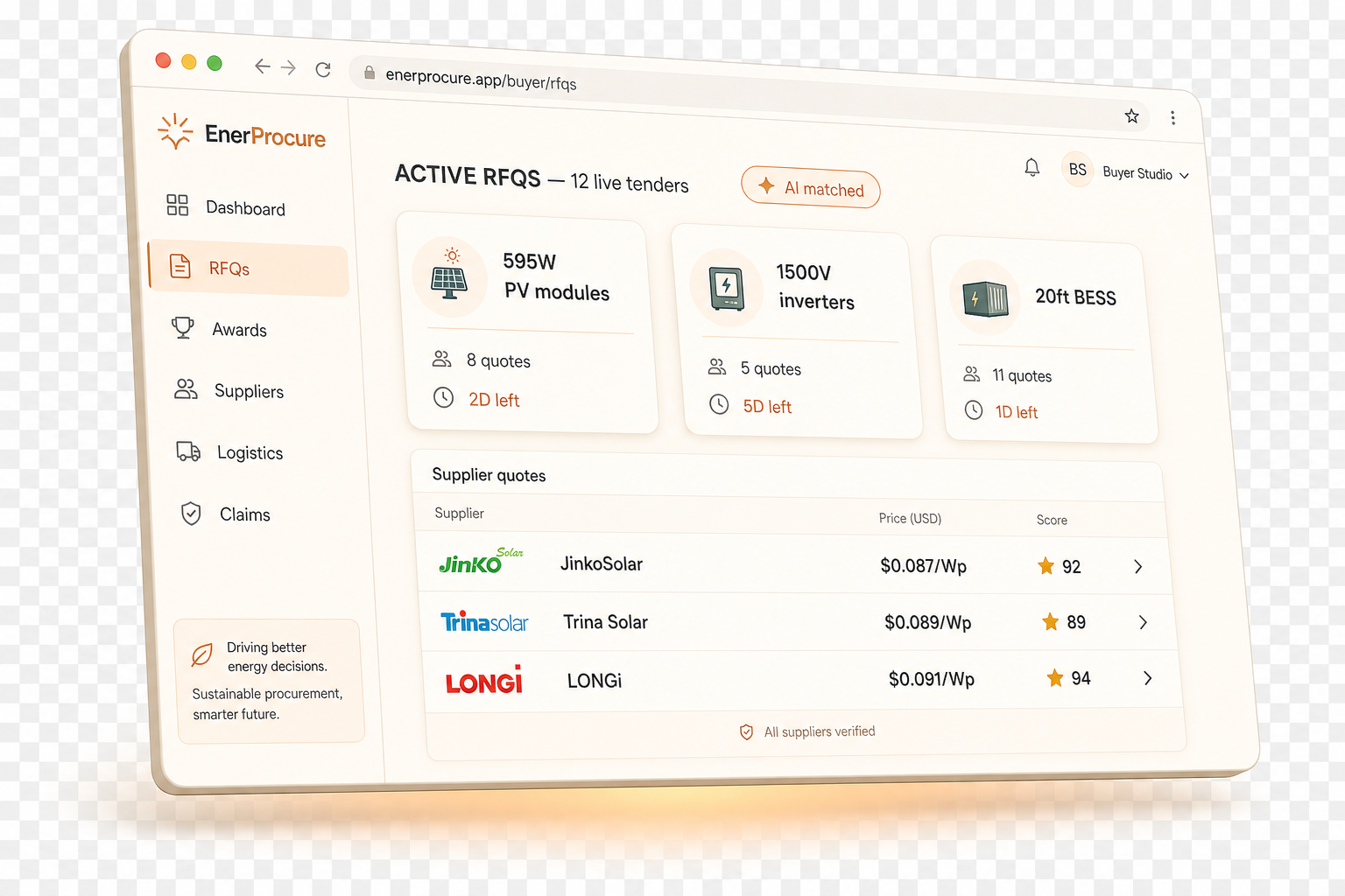 EnerProcure buyer dashboard showing active RFQs and supplier quotes